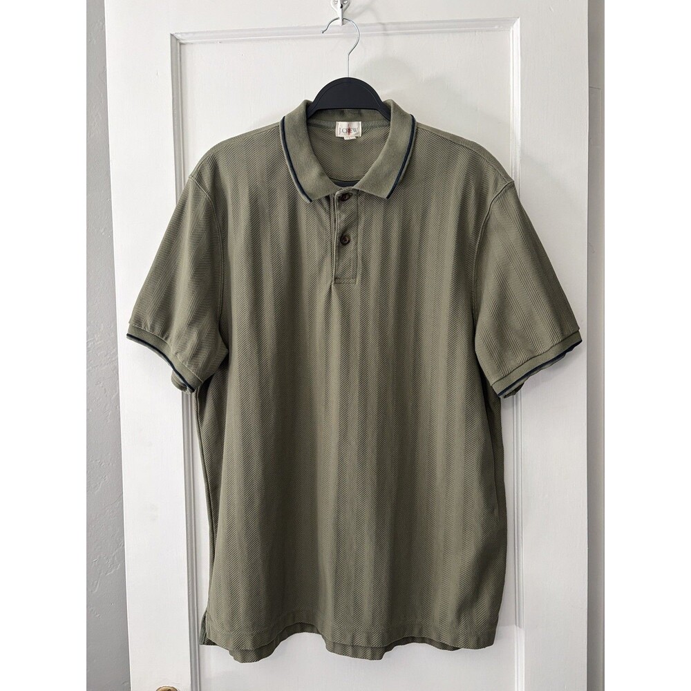 J.Crew Mens L Herringbone Polo Shirt Olive Navy Golf Retro Preppy Cotton